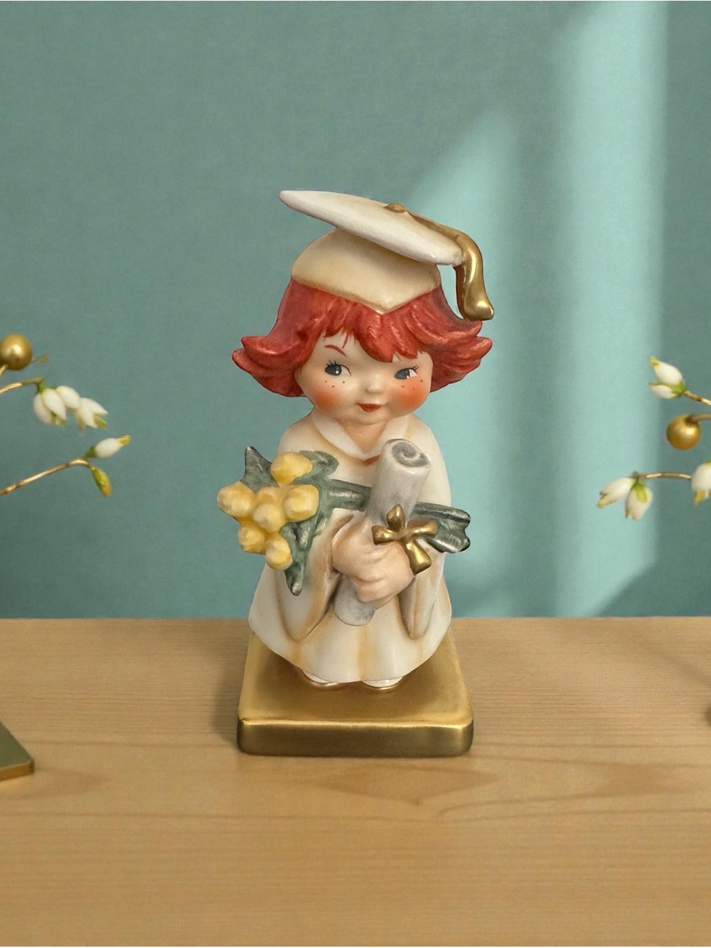 Vintage Goebel Hummel Ceramic Graduation Figurine with Red Hair and Cream Gown